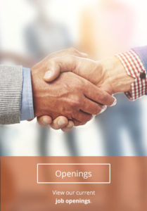 Two hands shake on a sunny day with people standing in the background. A button at the bottom of the image reads "Openings; View our current job openings."